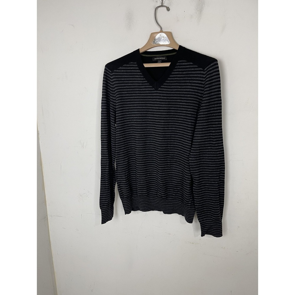 Banana Republic Men's M Black Gray Striped V-Neck Merino Wool Blend Sweater
